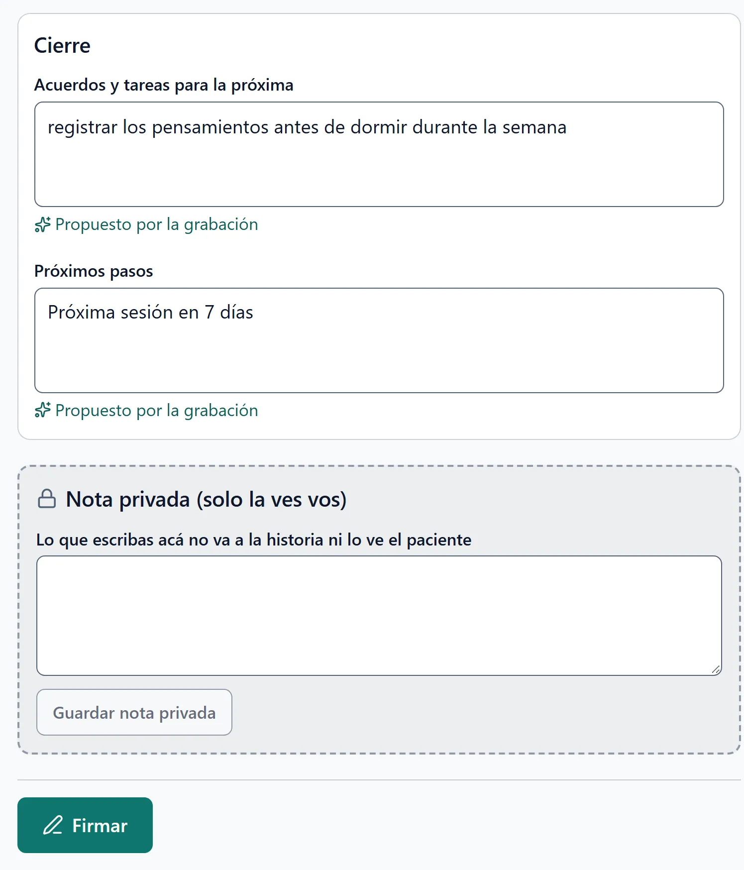 Captura de la app: el cierre de la ficha completo, la nota privada y el botón Firmar.
