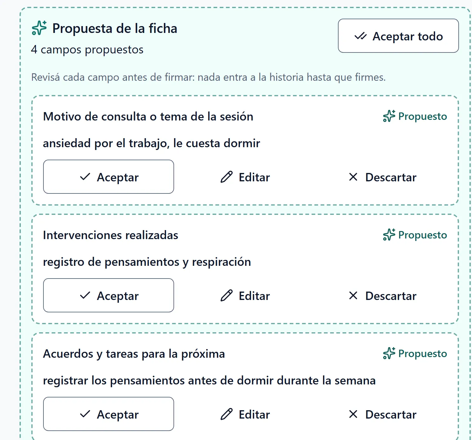 Captura de la app: propuesta de la ficha con el motivo, las intervenciones y los acuerdos, cada uno con Aceptar, Editar y Descartar.
